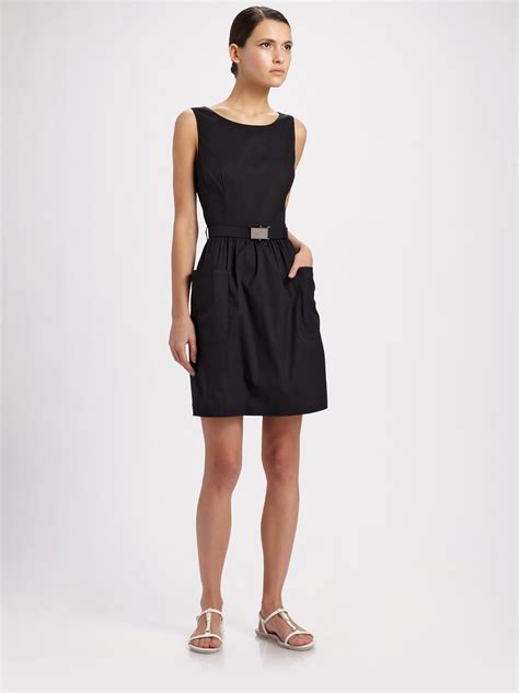 prada sleeveless belted black dress